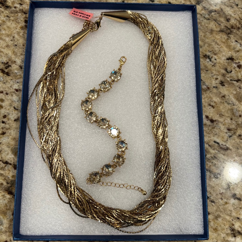 Gold Tone Multi Strand Liquid Chain Necklace and Crystal Bracelet Set 2172158